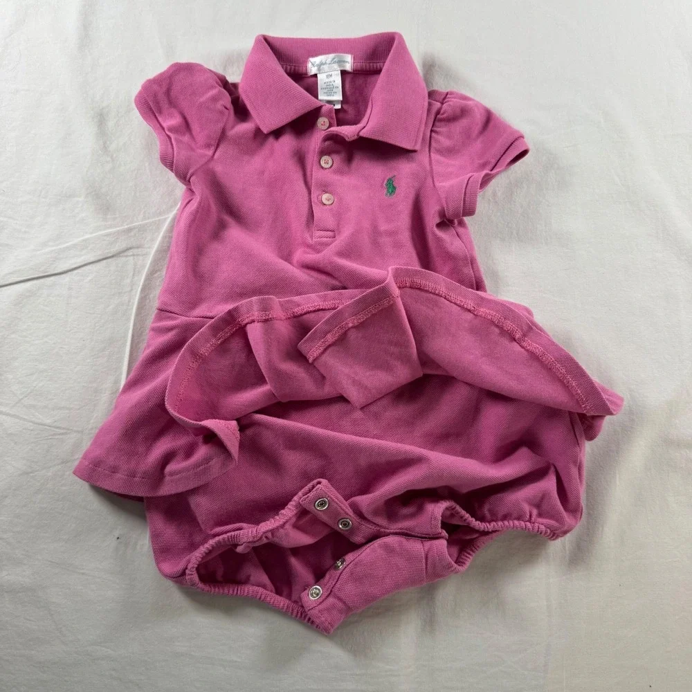 Ralph Lauren Girl's Size 18M Pink Short Sleeve Ruffle Hem Polo Dress Romper